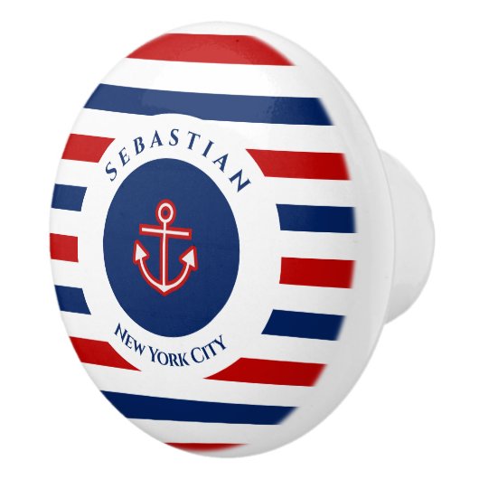 Nautical Marine Navy Blue White Stripes Anchor Keramische Knop (Rechts)