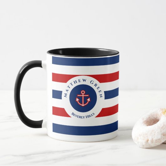 Nautical Marine Navy Blue White Stripes Anchor Mok (Met donut)