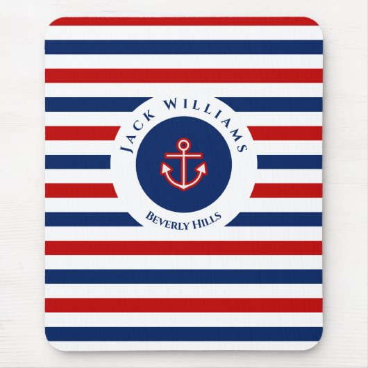 Nautical Marine Navy Blue White Stripes Anchor Muismat (Voorkant)