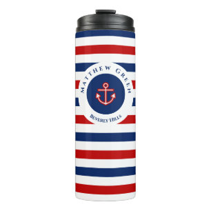 Nautical Marine Navy Blue White Stripes Anchor Thermosbeker