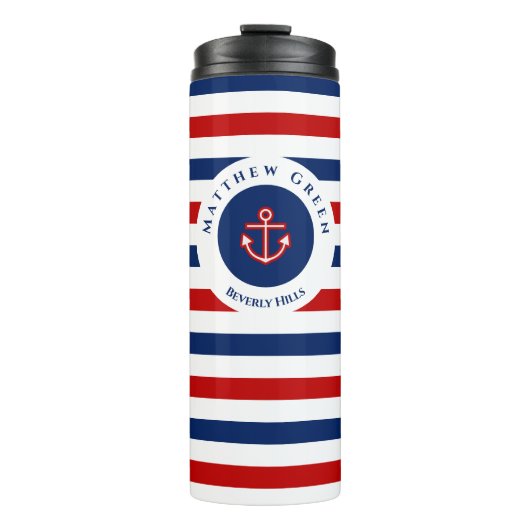 Nautical Marine Navy Blue White Stripes Anchor Thermosbeker (Voorkant)