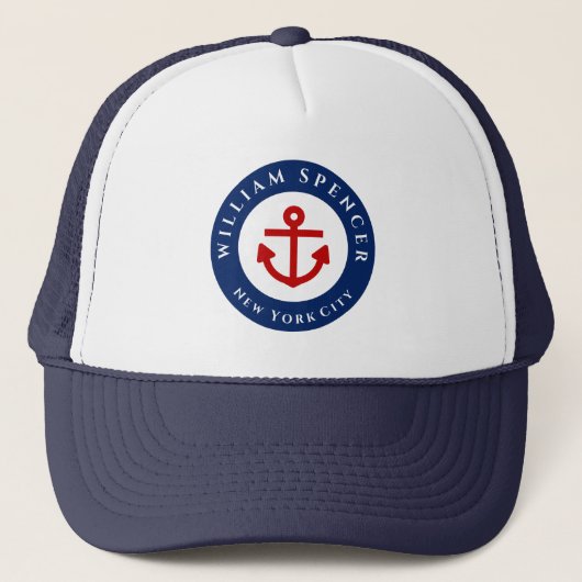 Nautical Marine Navy Blue White Stripes Anchor Trucker Pet (Voorkant)