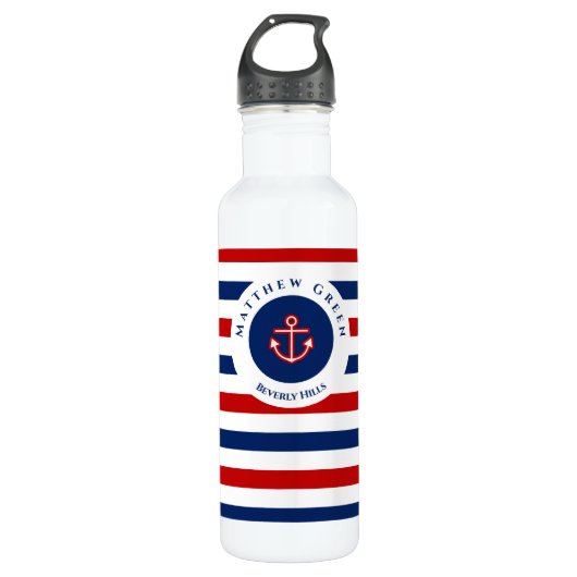 Nautical Marine Navy Blue White Stripes Anchor Waterfles (Voorkant)