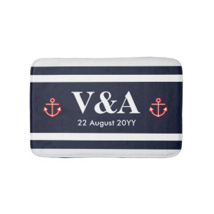 Nautical Marine Navy Blue White Stripes Badmat