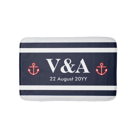 Nautical Marine Navy Blue White Stripes Badmat (Voorkant)