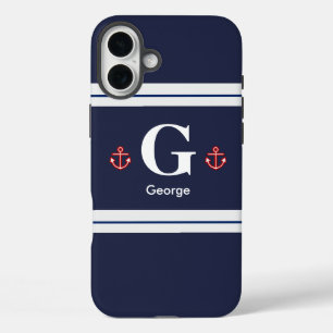 Nautical Marine Navy Blue White Stripes iPhone 16 Plus Hoesje