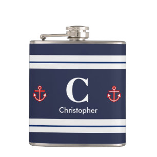 Nautical Marine Navy Blue White Stripes Heupfles