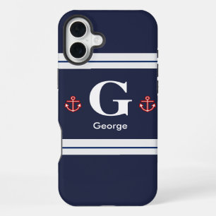 Nautical Marine Navy Blue White Stripes iPhone 16 Plus Hoesje