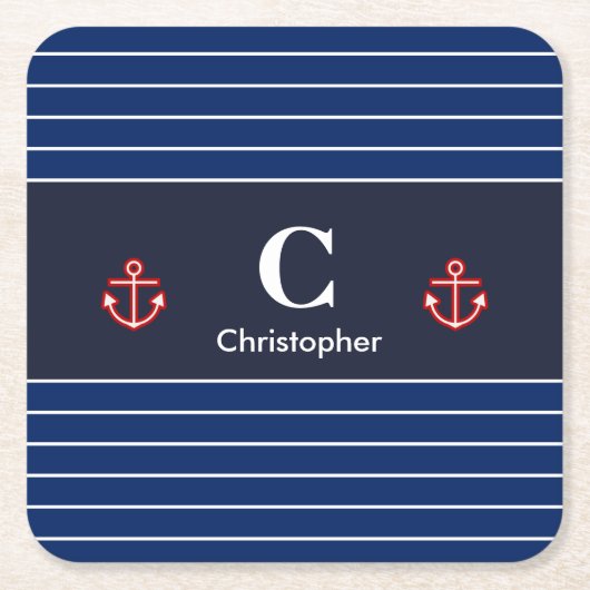 Nautical Marine Navy Blue White Stripes Kartonnen Onderzetters (Voorkant)