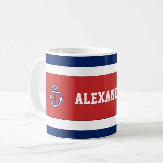 Nautical Marine Navy Blue White Stripes Koffiemok (Voorkant links)