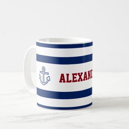 Nautical Marine Navy Blue White Stripes Koffiemok (Voorkant links)