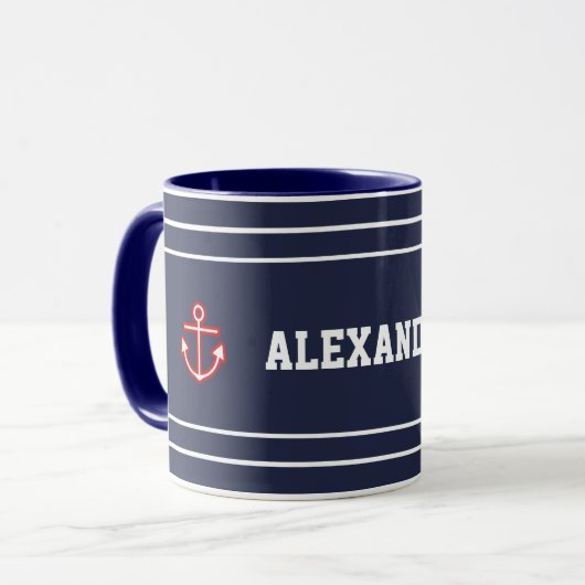 Nautical Marine Navy Blue White Stripes Mok (Voorkant links)