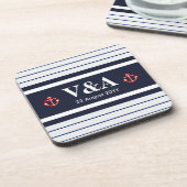 Nautical Marine Navy Blue White Stripes Onderzetter (Linkerzijde)