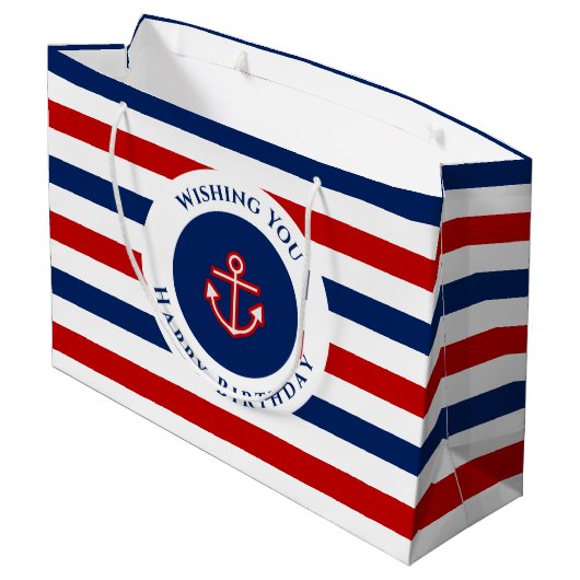 Nautical Marine Navy Blue White Stripes Wishes Groot Cadeauzakje (Achterkant Gekanteld)