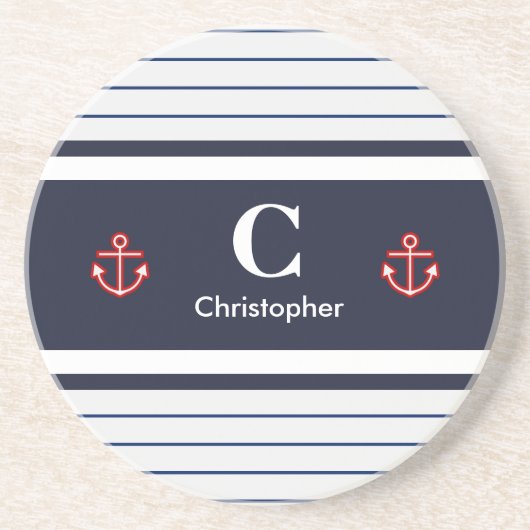 Nautical Marine Navy Blue White Stripes Zandsteen Onderzetter (Voorkant)