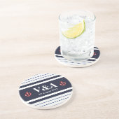 Nautical Marine Navy Blue White Stripes Zandsteen Onderzetter (Zijkant)