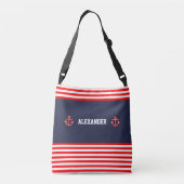 Nautical Marine Navy Royal Red Stripes Crossbody Tas (Achterkant)