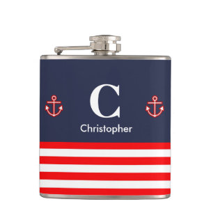 Nautical Marine Navy Royal Red Stripes Heupfles