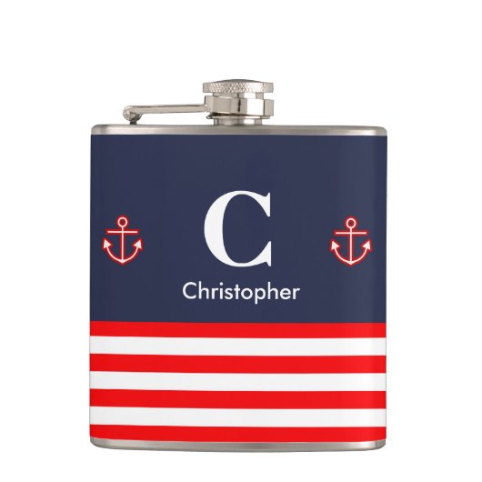 Nautical Marine Navy Royal Red Stripes Heupfles (Voorkant)