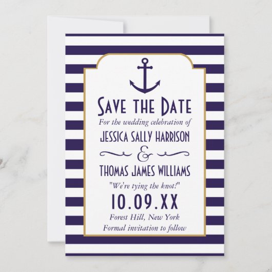 Nautical marine & White Stripe Anchor Save the Dat Date (Voorkant)