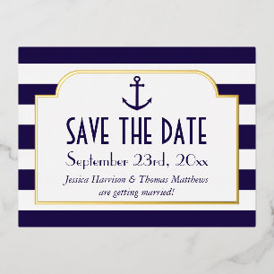 Nautical marine & White Stripe Anchor Save the Dat Folie Uitnodiging Briefkaart