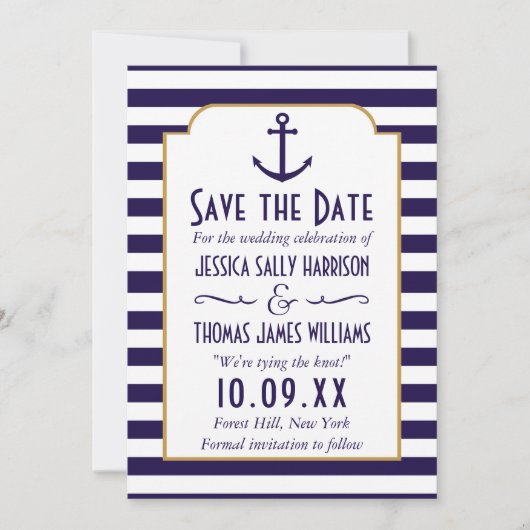 Nautical marine & White Stripe Anchor Save the Dat Save The Date (Voorkant)