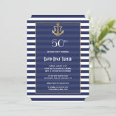 Nautical Marineblauw Gestreepte Gouden Verjaardags Kaart (Staand voorkant)