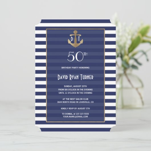 Nautical Marineblauw Gestreepte Gouden Verjaardags Kaart (Staand voorkant)