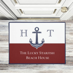 Nautical Maroon Red Anchor Coastal Monogramed Deurmat