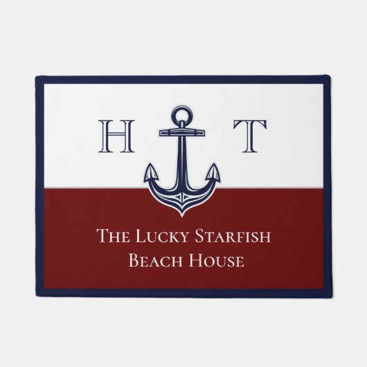 Nautical Maroon Red Anchor Coastal Monogramed Deurmat (Voorkant)