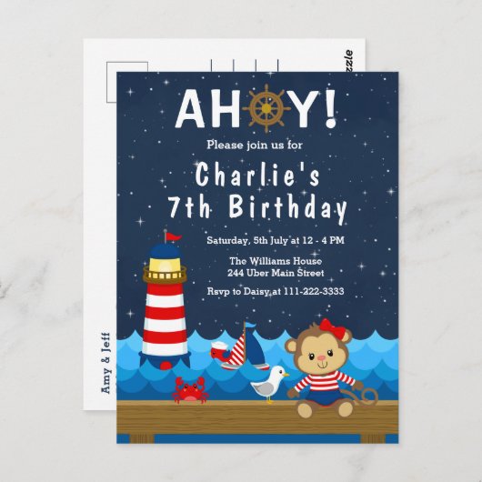 Nautical Meisje Aap Rood en Marine Verjaardagsfees Briefkaart (Voorkant / Achterkant)