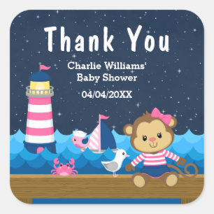 Nautical Meisje Aap Roze Baby Shower Bedankt Vierkante Sticker