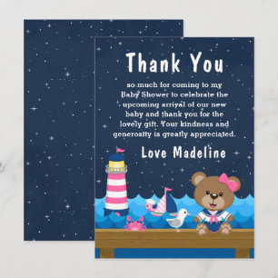Nautical Meisje Beer Roze en Marine Baby Shower Bedankkaart