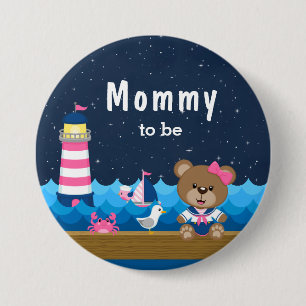 Nautical Meisje Beer Roze en Marine Mama in Spe Ronde Button 7,6 Cm