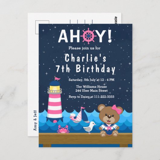 Nautical Meisje Beer Roze en Marine Verjaardagsfee Briefkaart (Voorkant / Achterkant)