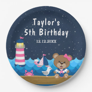 Nautical Meisje Beer Roze en Marine Verjaardagsfee Papieren Bordje