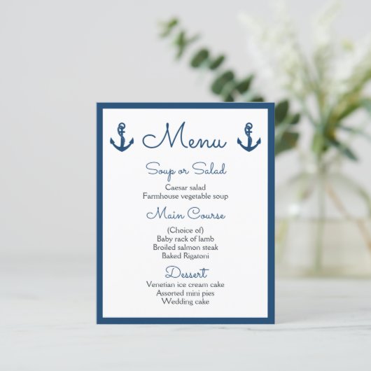Nautical Menu Navy Blue Wedding Ocean Beach Sailor (Staand voorkant)