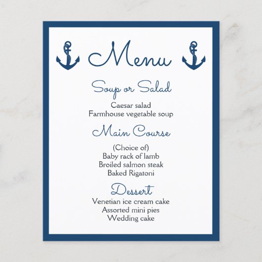 Nautical Menu Navy Blue Wedding Ocean Beach Sailor (Voorkant)