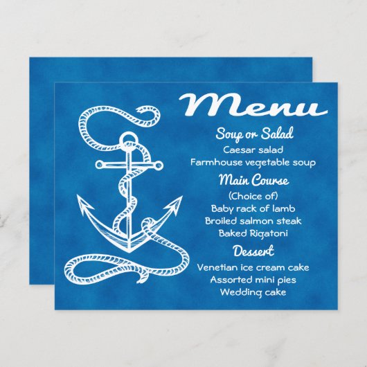 Nautical Menu Ship Anchor Blue Waterverf Wedding (Voorkant / Achterkant)