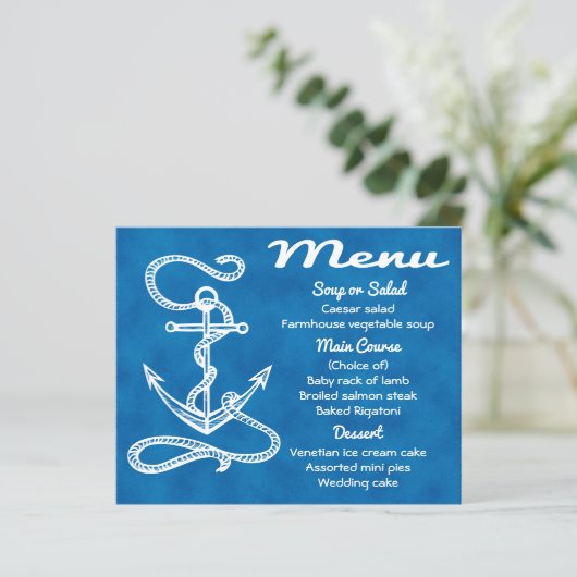 Nautical Menu Ship Anchor Blue Waterverf Wedding (Staand voorkant)
