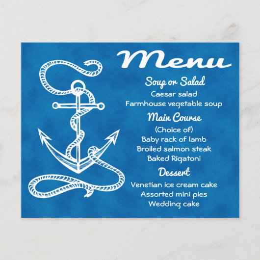 Nautical Menu Ship Anchor Blue Waterverf Wedding (Voorkant)