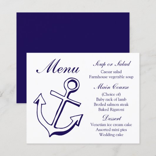 Nautical Menu Ship Anchor Navy Blue Wedding (Voorkant / Achterkant)