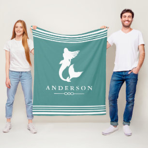 Nautical Mermaid Blauwgroen & White Stripes Fleece Deken