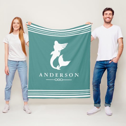 Nautical Mermaid Blauwgroen & White Stripes Fleece Deken (In situ)