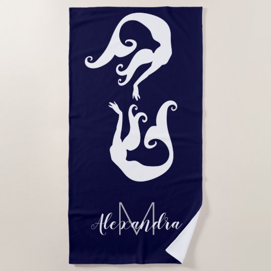 Nautical Mermaid Coastal Navy Blue White Strandlaken (Voorkant)