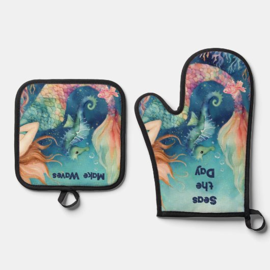 Nautical Mermaid Seahorse Inspirerend Gezegden Ovenwant & Pannenlap Set (Voorkant)