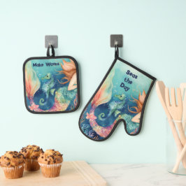 Nautical Mermaid Seahorse Inspirerend Gezegden Ovenwant & Pannenlap Set