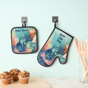 Nautical Mermaid Seahorse Inspirerend Gezegden Ovenwant & Pannenlap Set