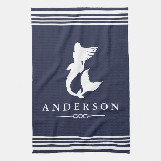 Nautical Mermaid White Stripes & Navy Theedoek (Verticaal)