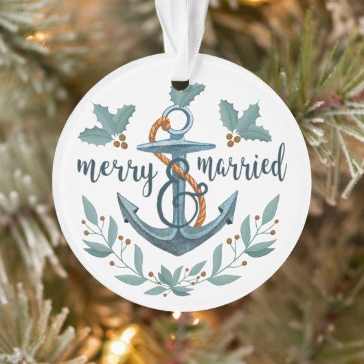 Nautical Merry and Married Holly Berry Foto Ornament (Boom)